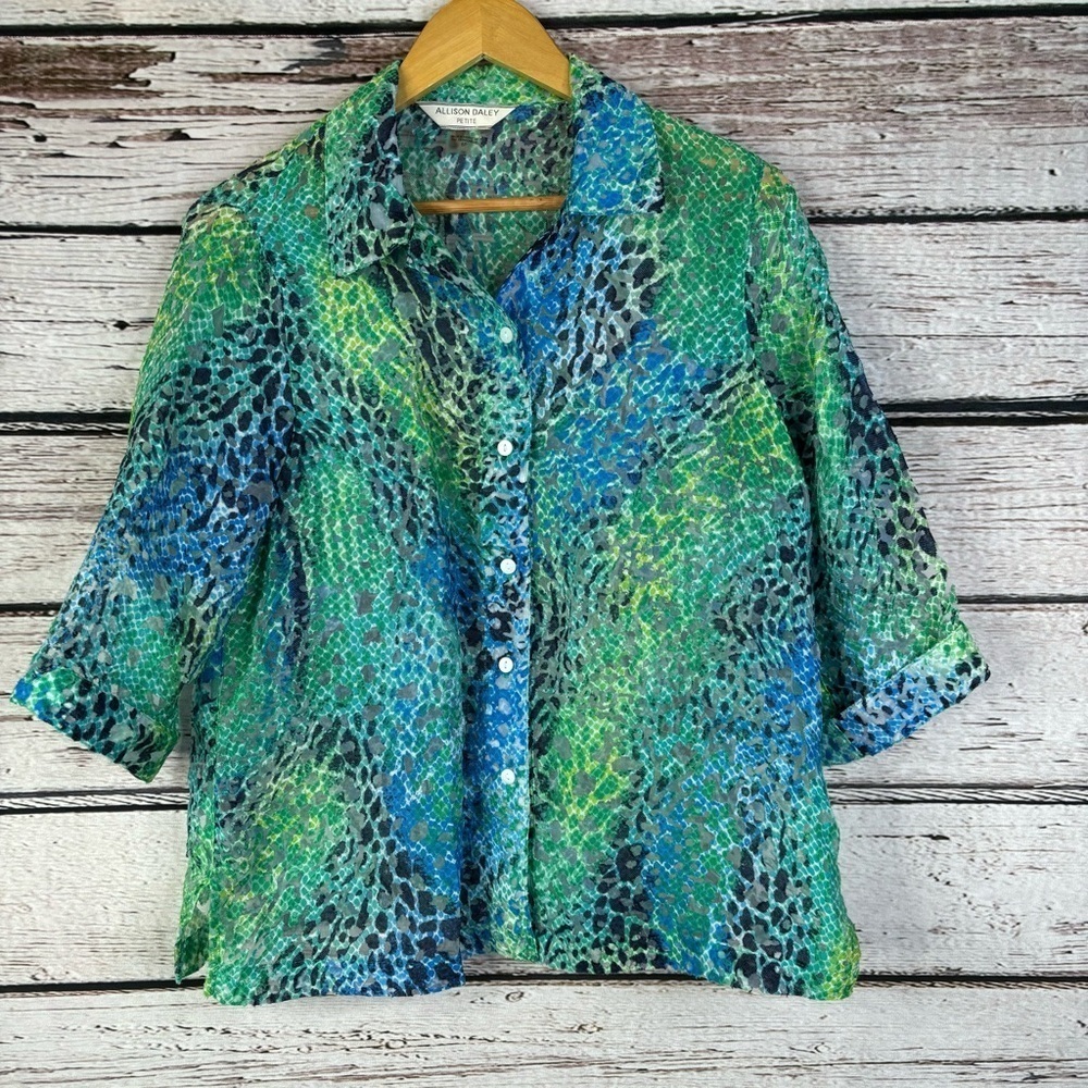 Allison Daley Petites 8P Burnout Sheer‎ 3/4 Sleeve Button Down Shirt Green Blue